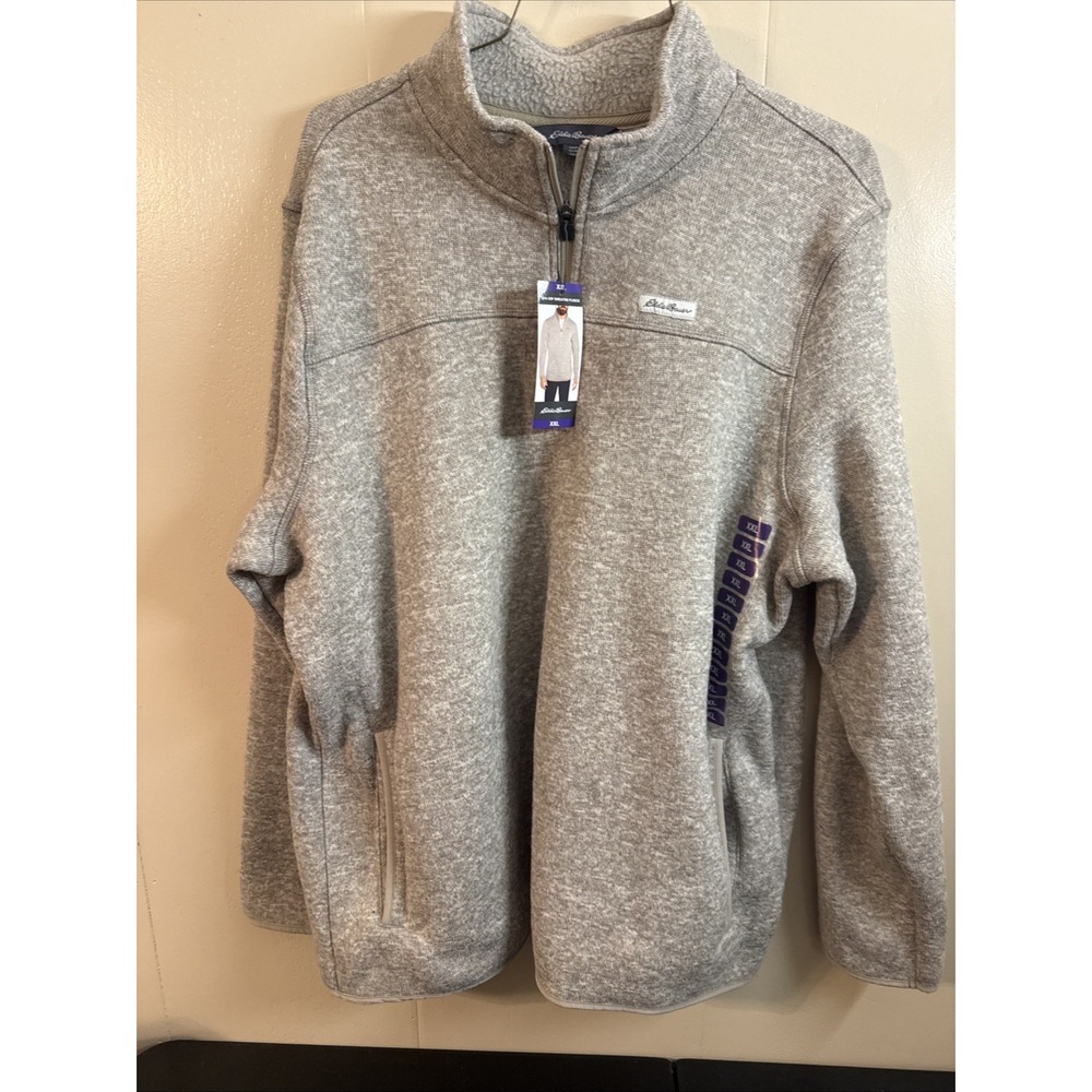 New Eddie Bauer 1/4 Zip Fleece Sweater Sz XXL Heather Oatmeal Handwarmer Pocket